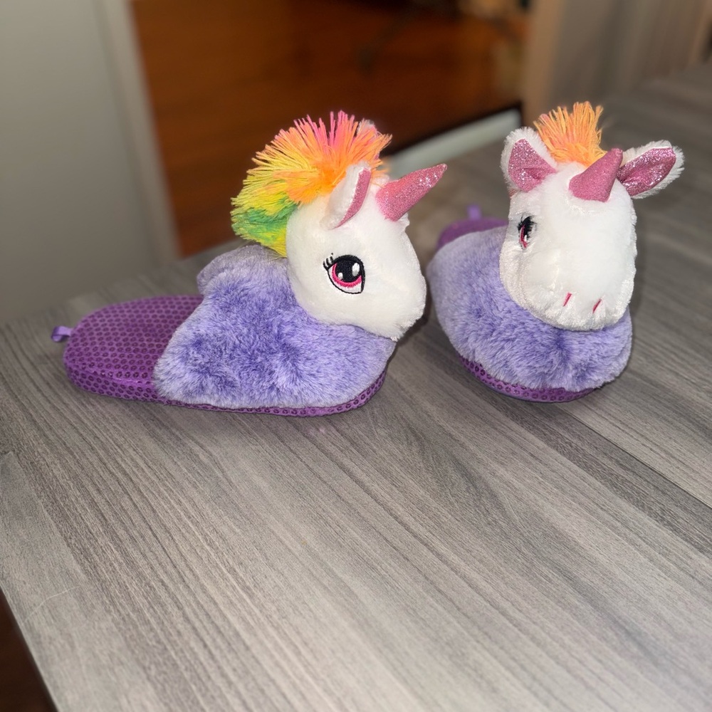Plush Purple Unicorn Slippers with Rainbow Mane